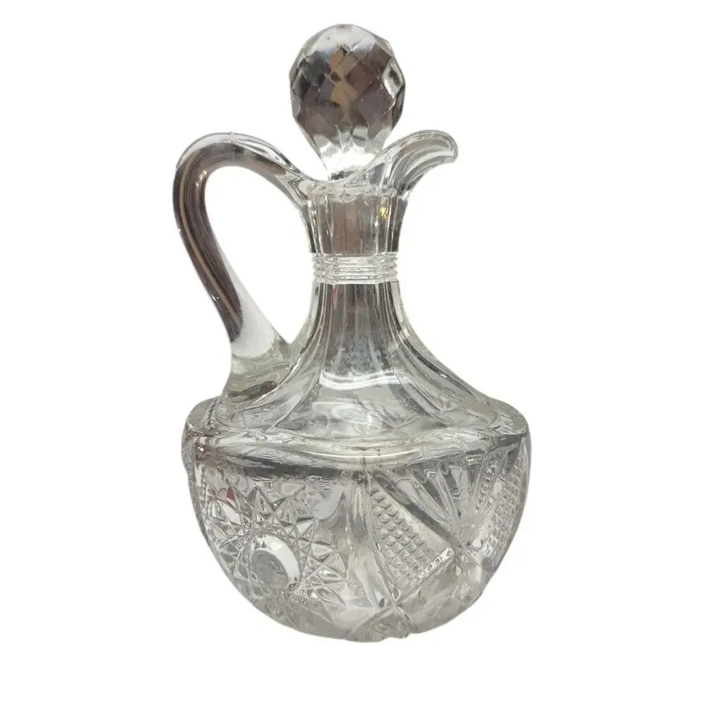 Vintage‎ Pressed Glass Cruet Oil Vinegar Bottle Faceted Stopper Starburst